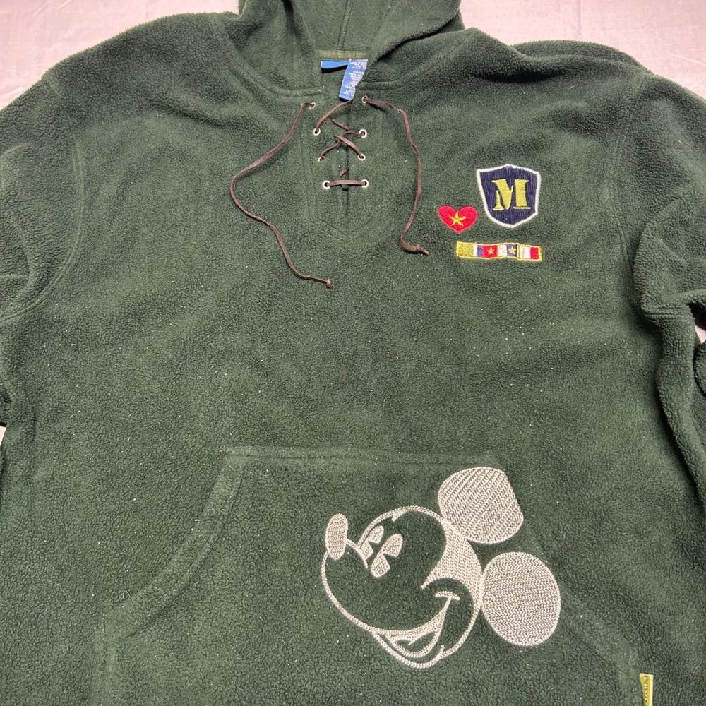 Disney Mickey Mouse Fleece Hoodie Green Lace Up Pullover Embroidered Large
